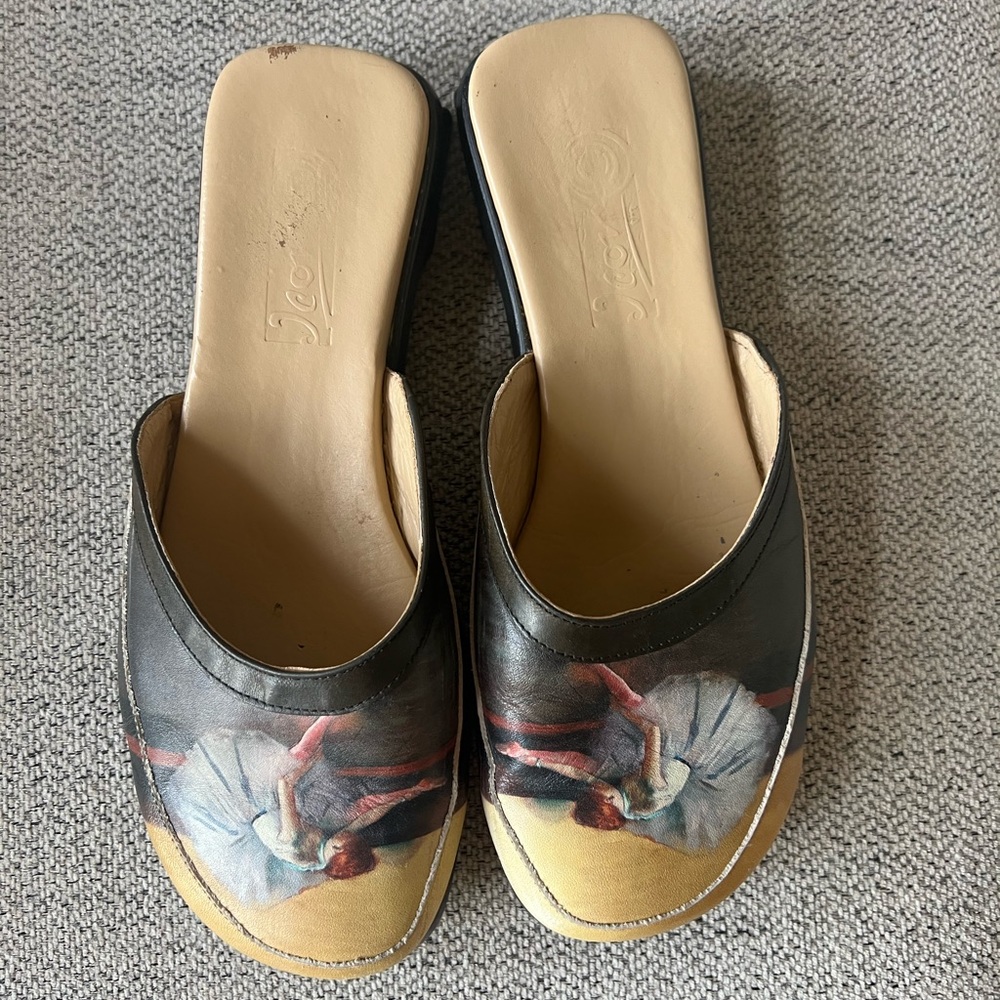 Vintage Icon Degas Ballerina dancers painted mules slides.